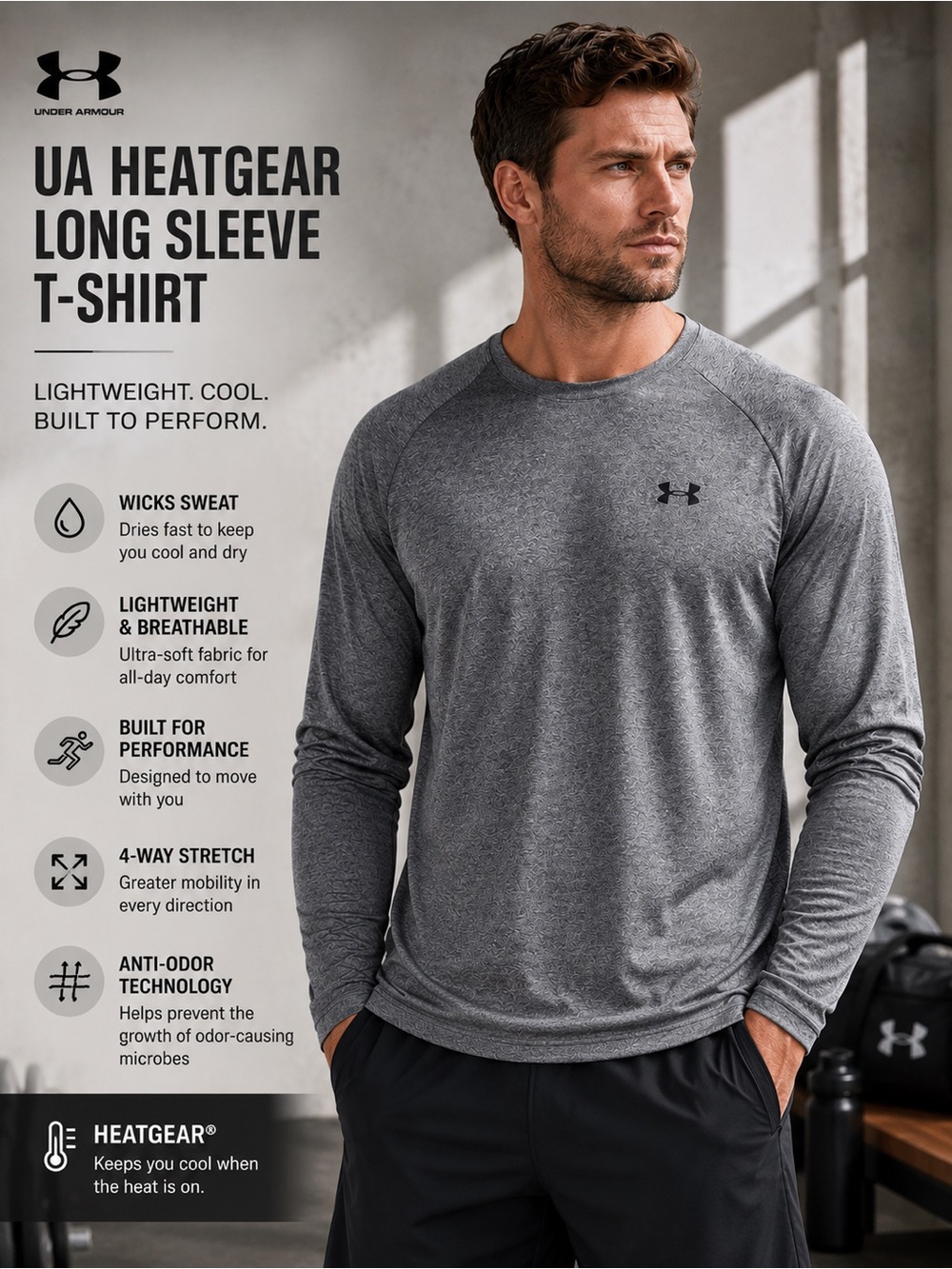 Like New! Under Armour HeatGear Heather Gray Long Sleeve Performance Men’s Small